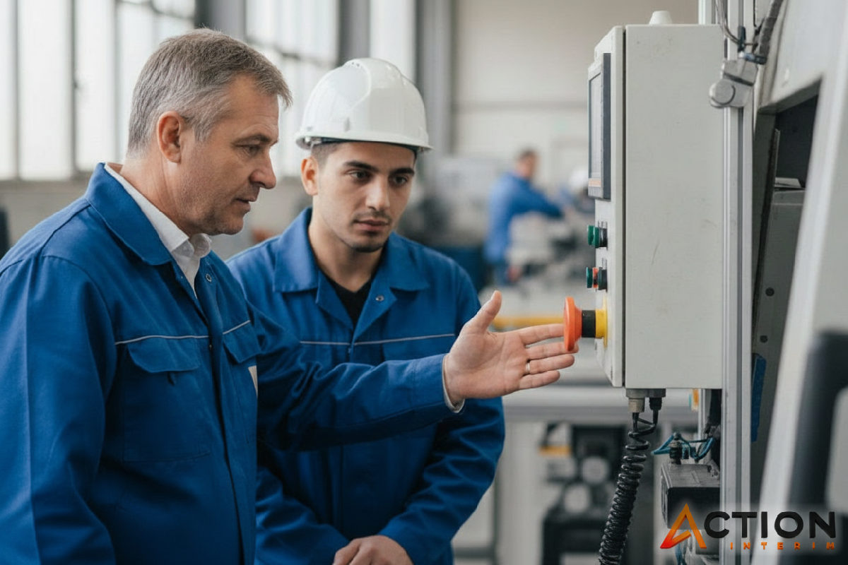 Explication d'un arrêt d'urgence à un intérimaire sur machine.