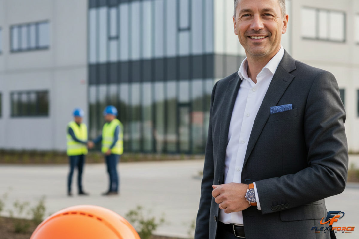Entrepreneur satisfait devant un chantier réussi en Roumanie.