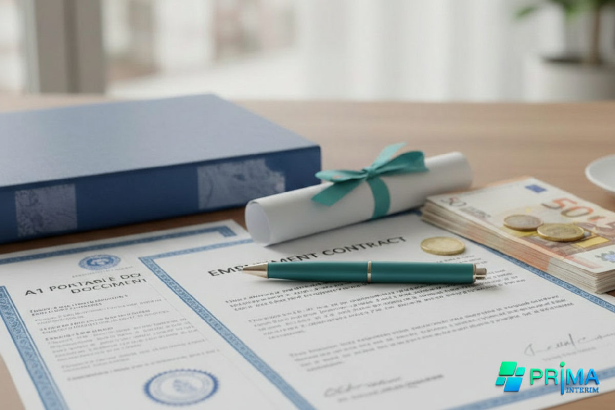 Contrat de travail, certificat A1 et euros symbolisant la conformité des coûts.