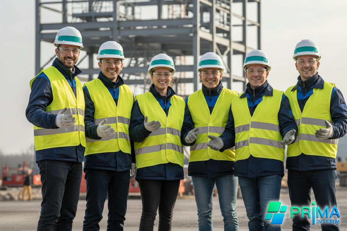 Travailleurs roumains souriants en EPI sur site industriel en France.