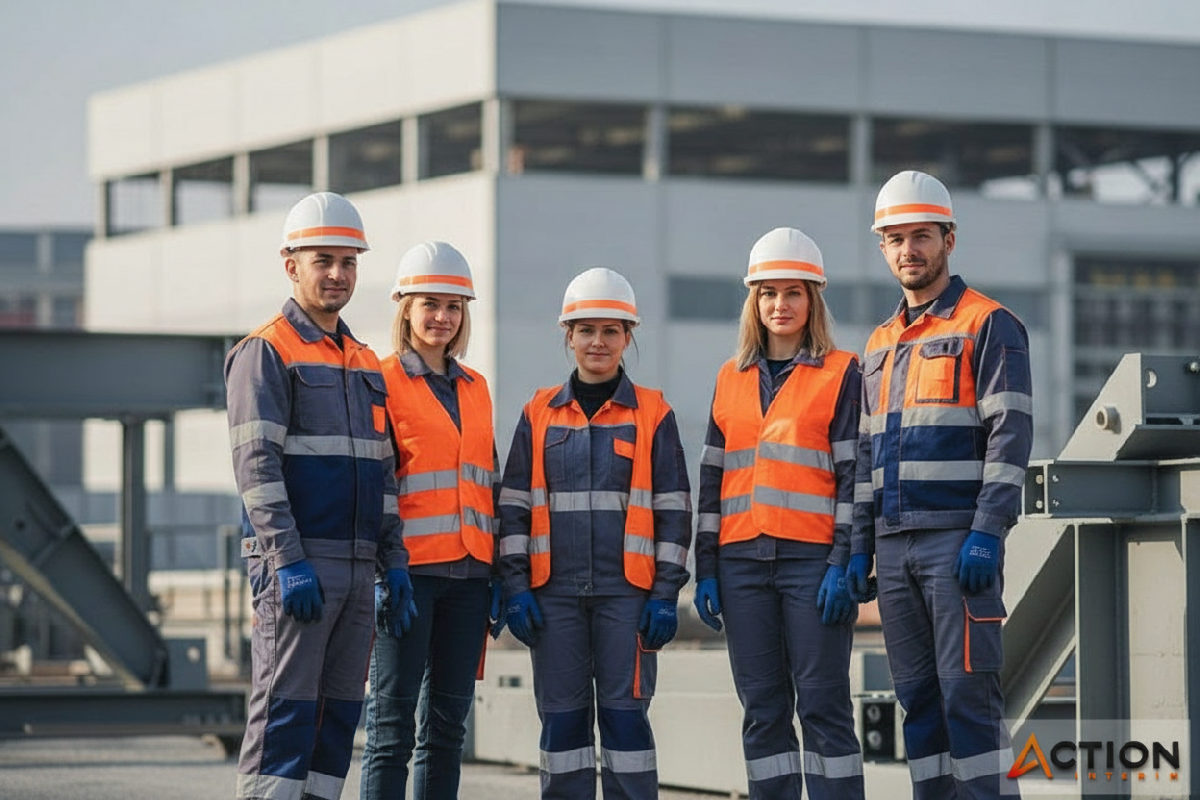 Travailleurs roumains en sécurité sur un site industriel.