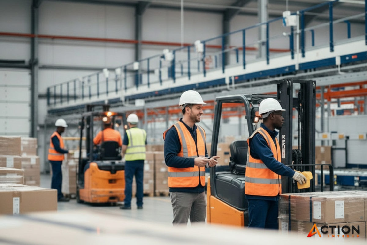Travailleurs intérimaires et locaux dans un entrepôt logistique.