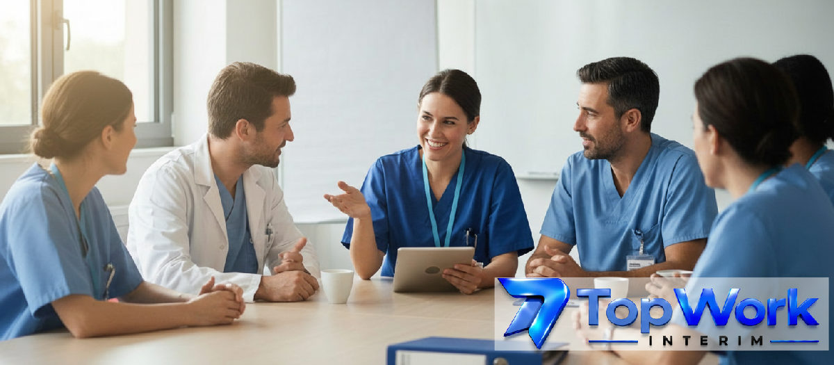 Professionnels de santé diversifiés en réunion d'équipe positive.