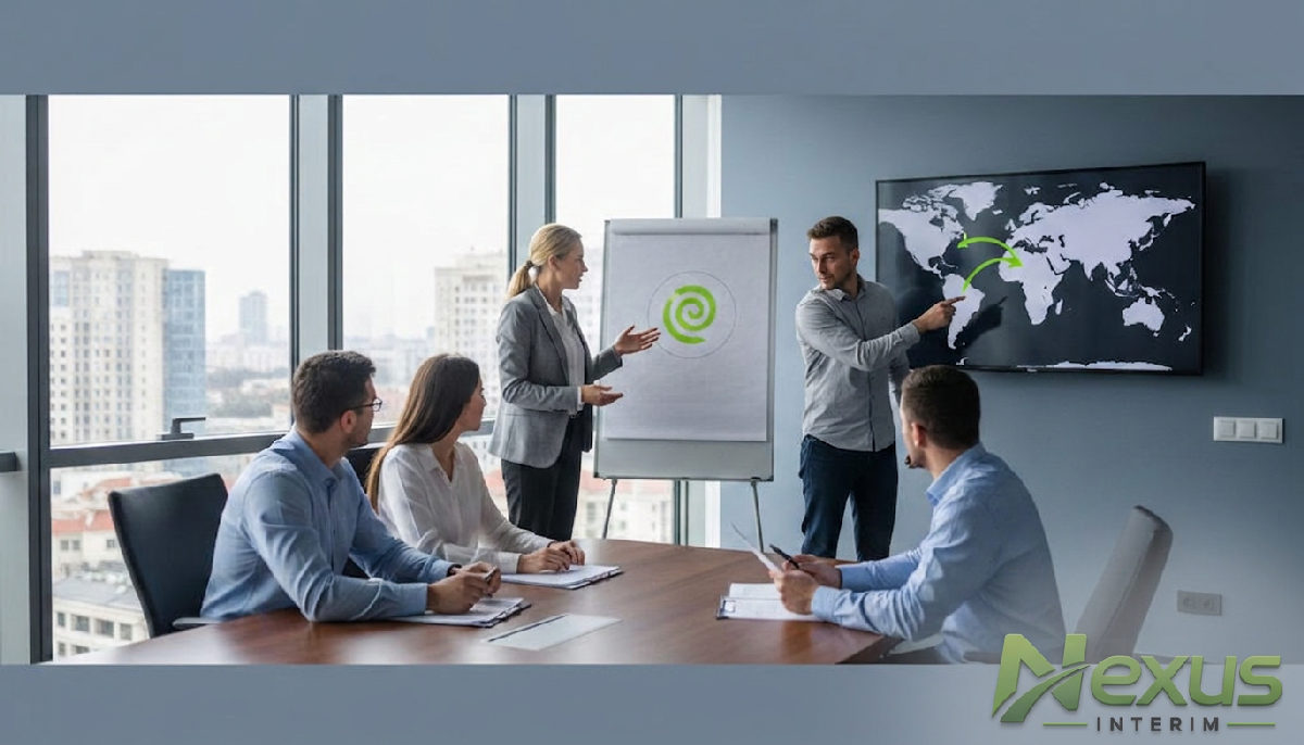 Réunion RH et équipe technique discutant du recrutement international.