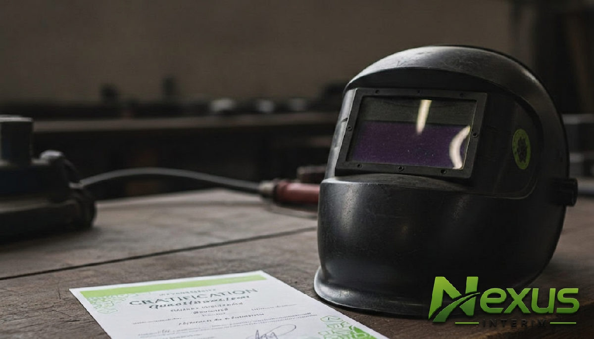 Certificat de qualification de soudeur et casque de soudure.