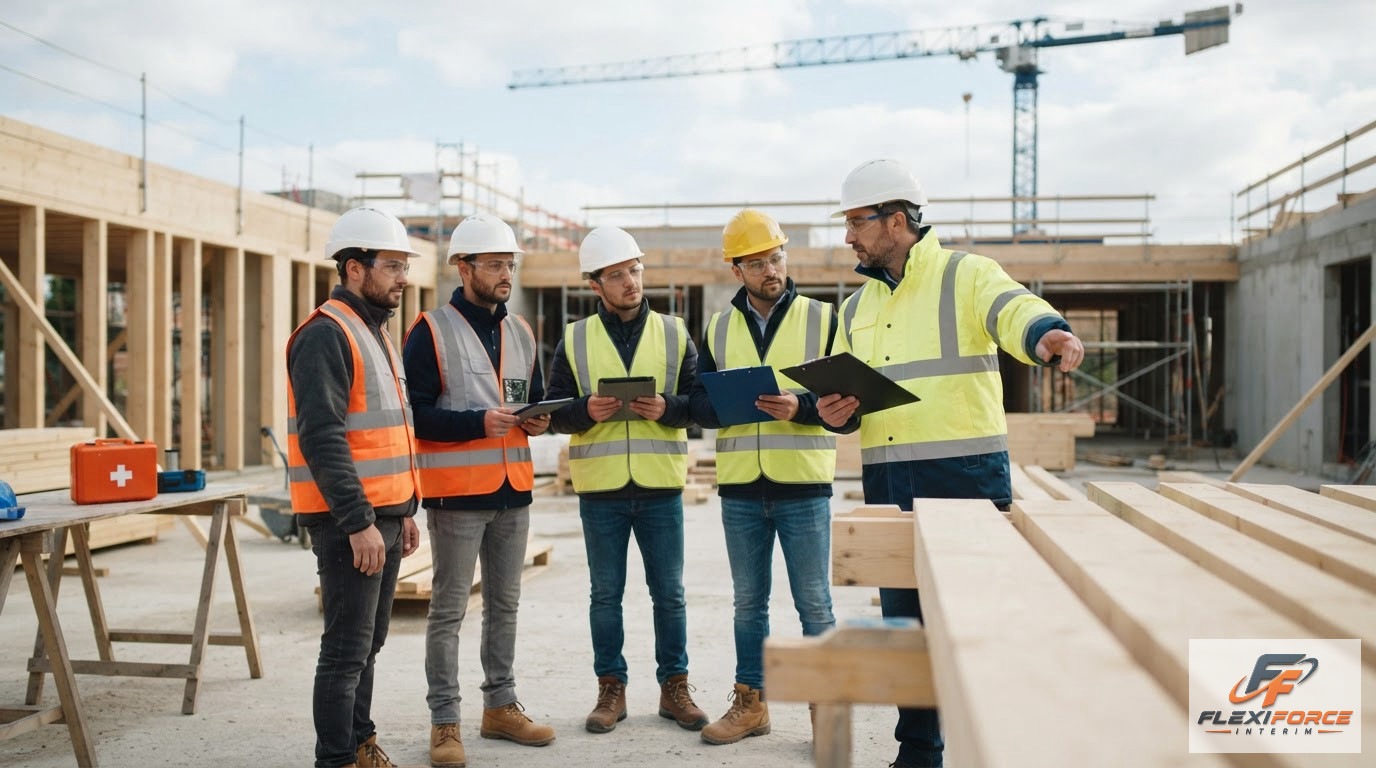 Équipe de charpentiers en réunion de sécurité sur un chantier français.