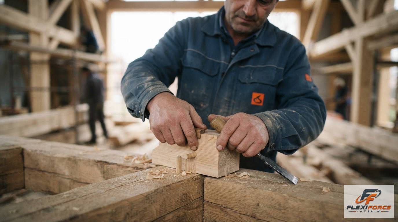 Gros plan sur un charpentier assemblant une pièce de bois avec précision.