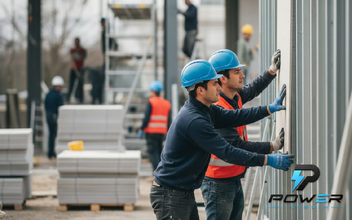 Équipe d'ouvriers du bâtiment sur un chantier français.
