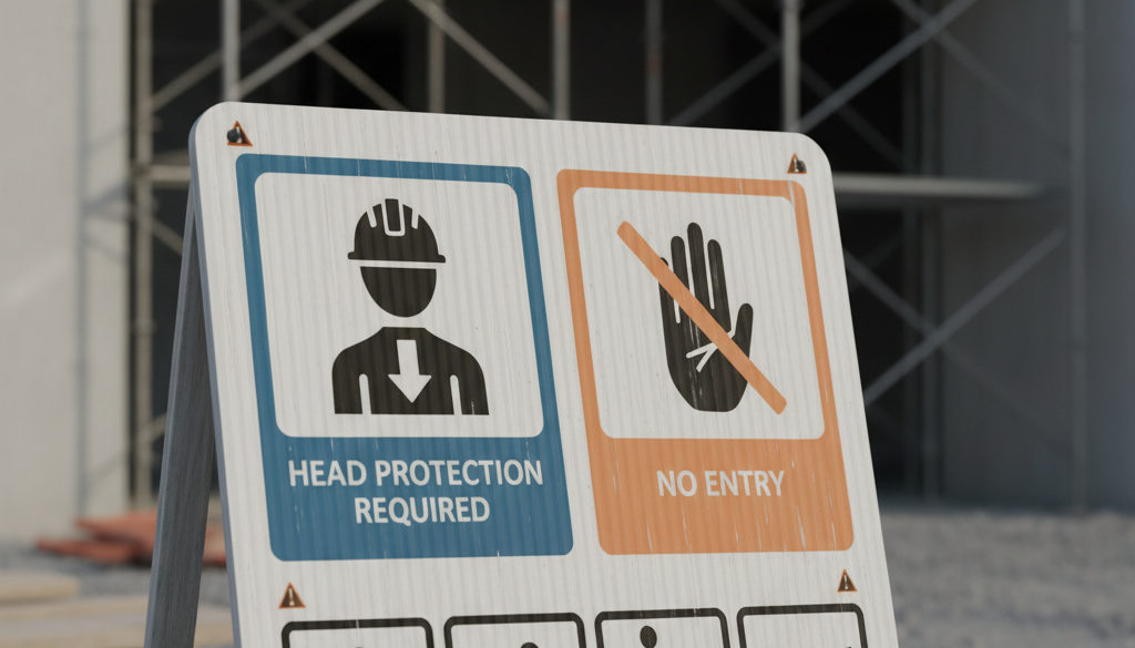 Panneau de sécurité multilingue sur un chantier.