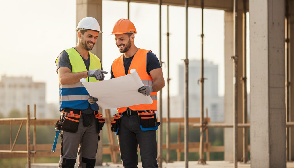 Ouvriers français et roumain collaborant sur un chantier.