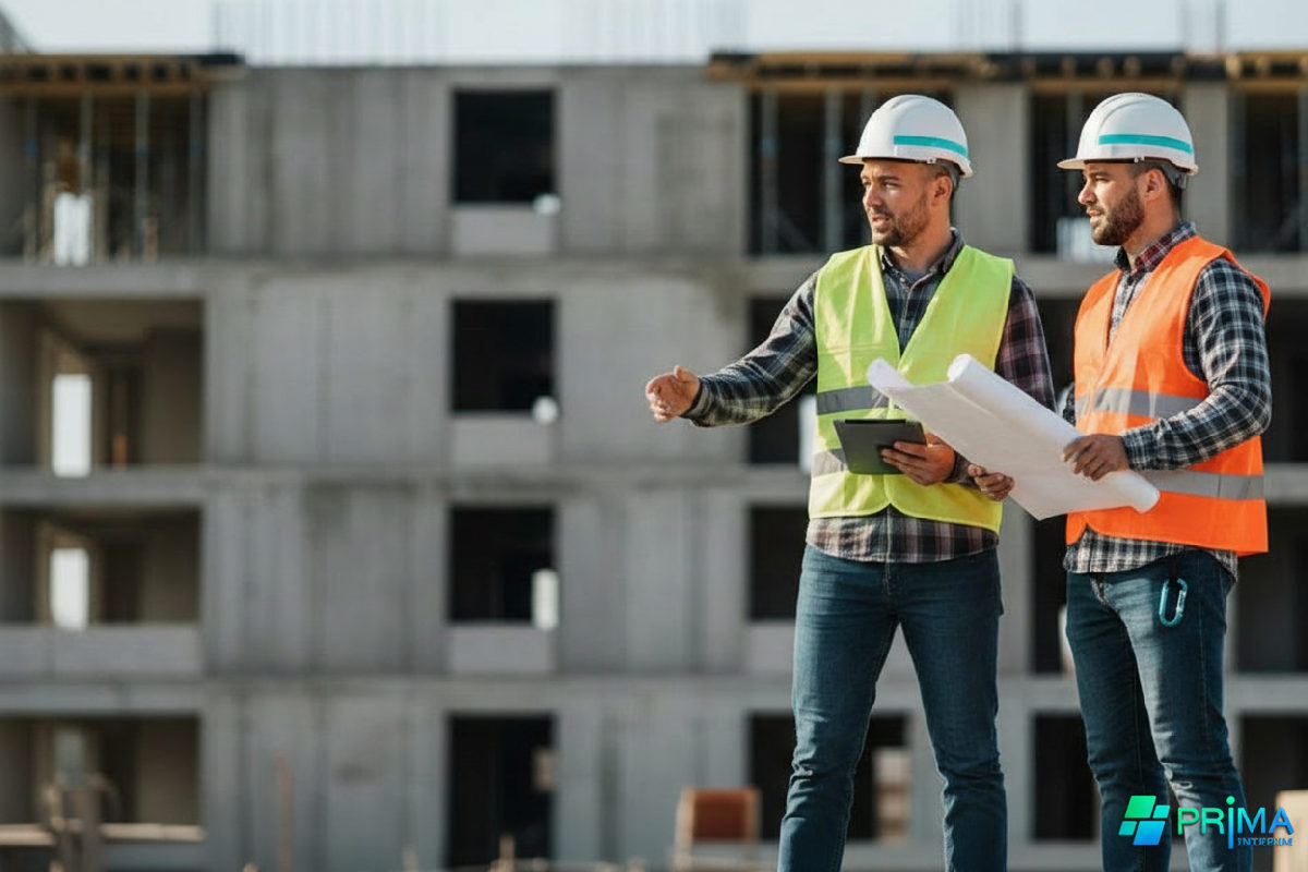 Chef de chantier et intérimaire roumain discutant devant un bâtiment.