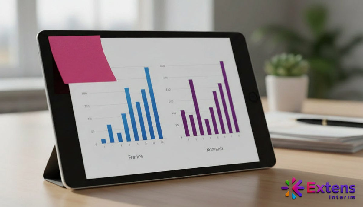 Tablette affichant la comparaison des charges sociales France-Roumanie.