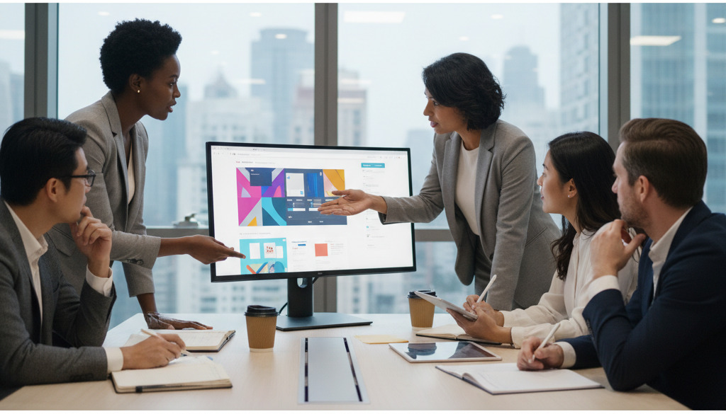 Team collaborating on AI-generated website design on a monitor.