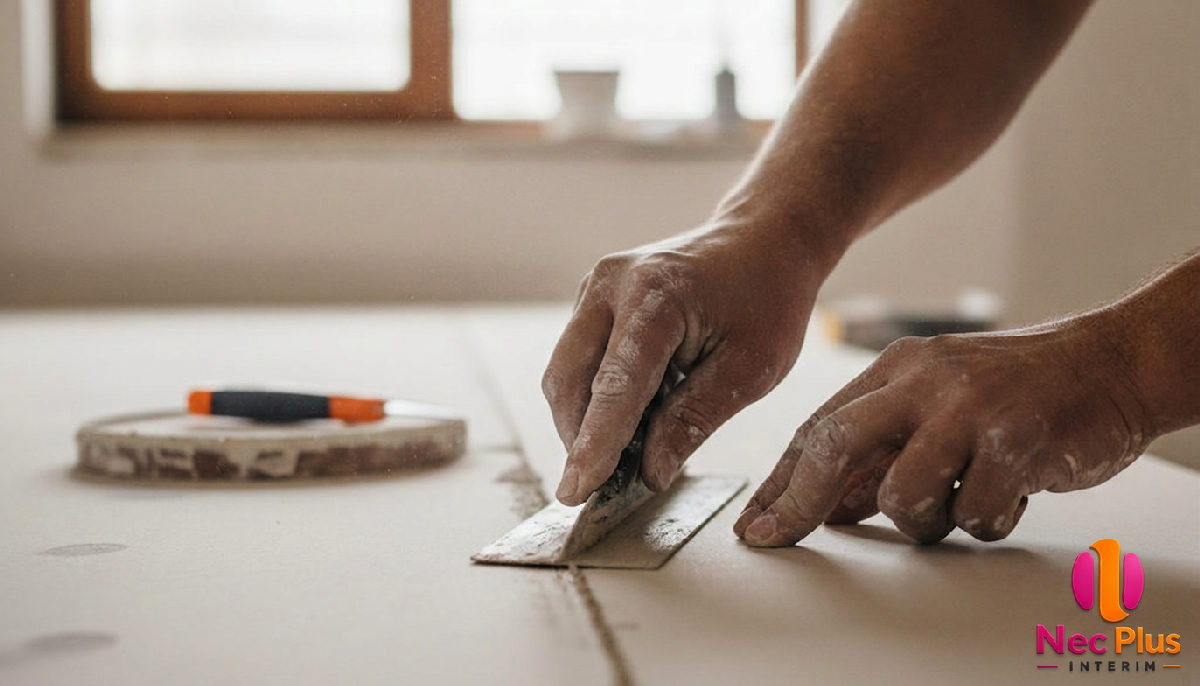 Mains expertes d'un plaquiste réalisant des joints de finition.
