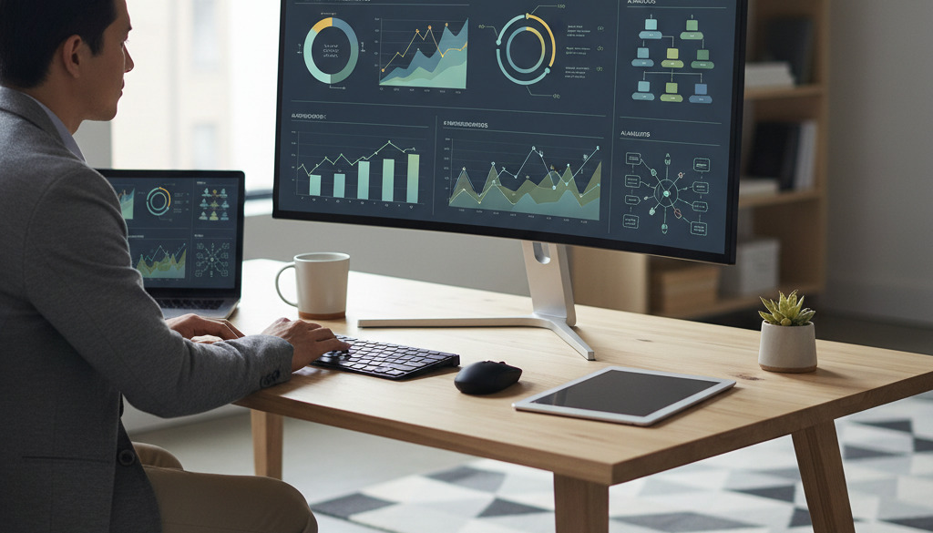 Content marketér analyzující KPI AI marketingu na velkém monitoru.