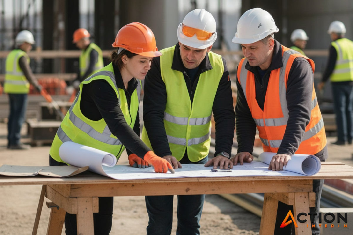 avantages intérim roumain - Équipe diversifiée examinant des plans sur un chantier.