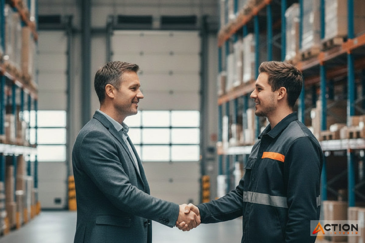 Manager accueillant un nouvel intérimaire sur un site logistique.