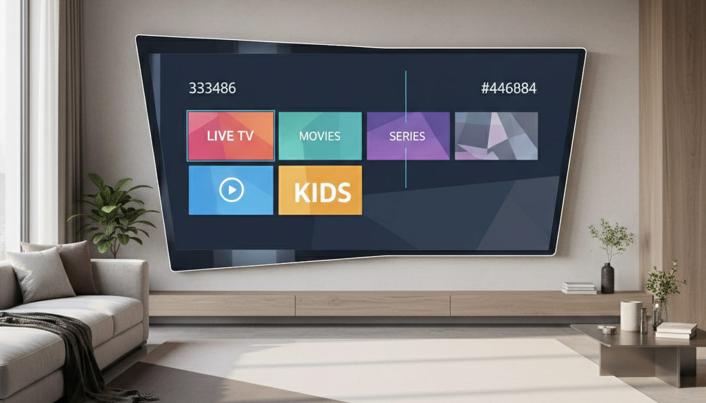 Smart TV IPTV einrichten – Moderner Smart TV mit farbenfrohem IPTV-Menü im Wohnzimmer.
