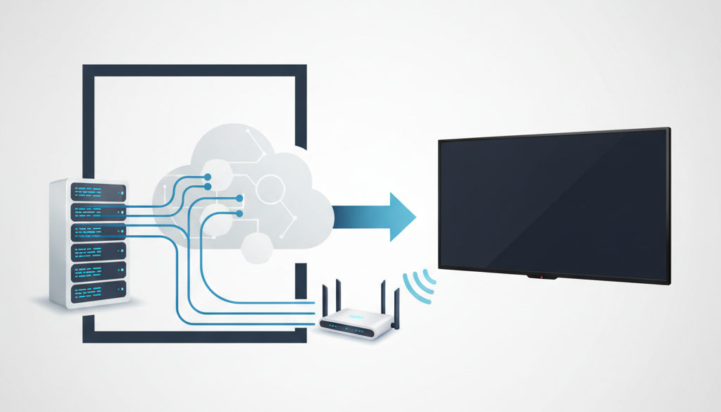 Schema: IPTV-Signal vom Server über Internet zum Smart TV.