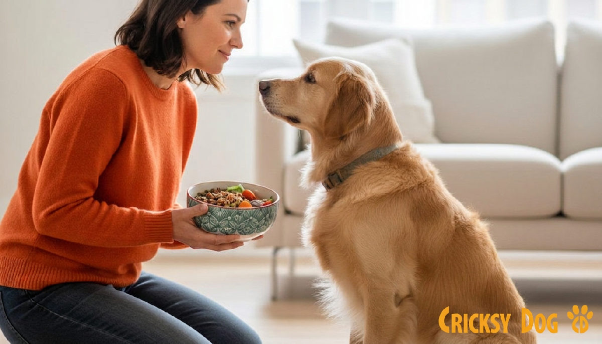 Amoroso dueño ofrece comida nueva a su perro.