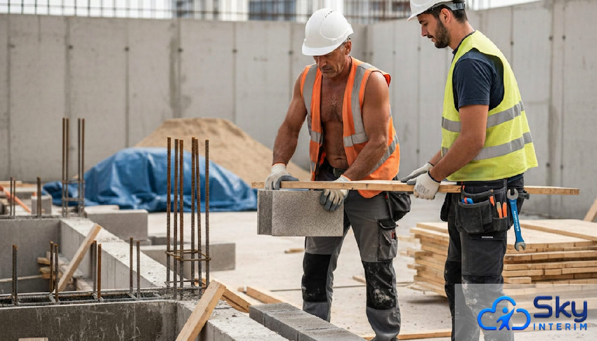 Deux ouvriers du BTP qualifiés travaillant ensemble sur un chantier en France.