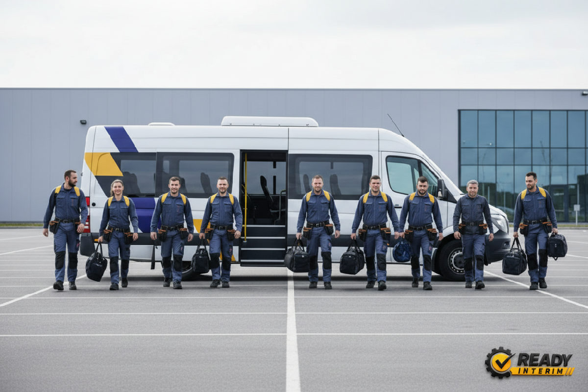Minibus d'entreprise dépose une équipe d'intérimaires organisée.