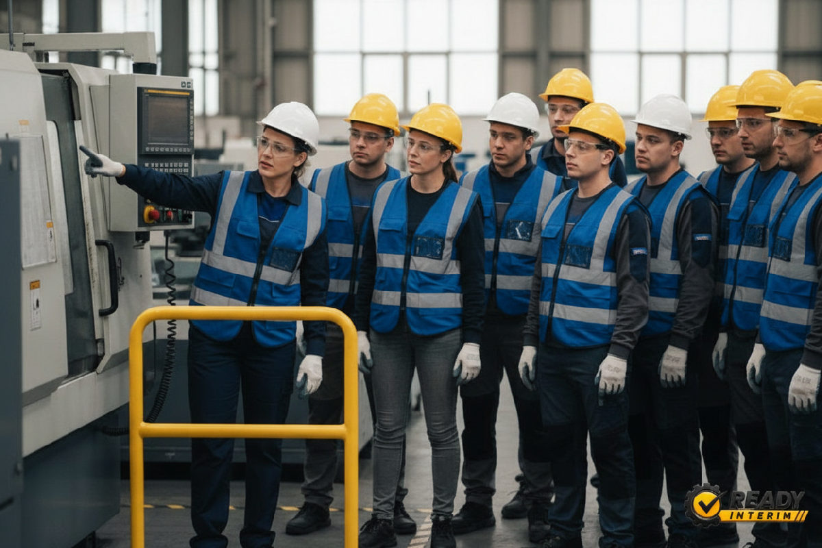 Formatrice explique machine industrielle à des intérimaires attentifs.