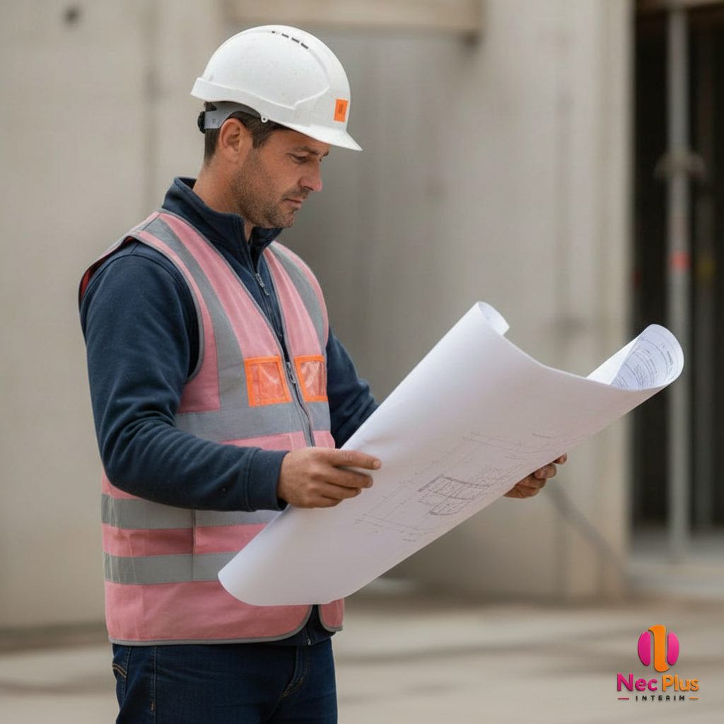 quel contrat pour maçon roumain chantier - Maçon roumain sur chantier, plan à la main, France.