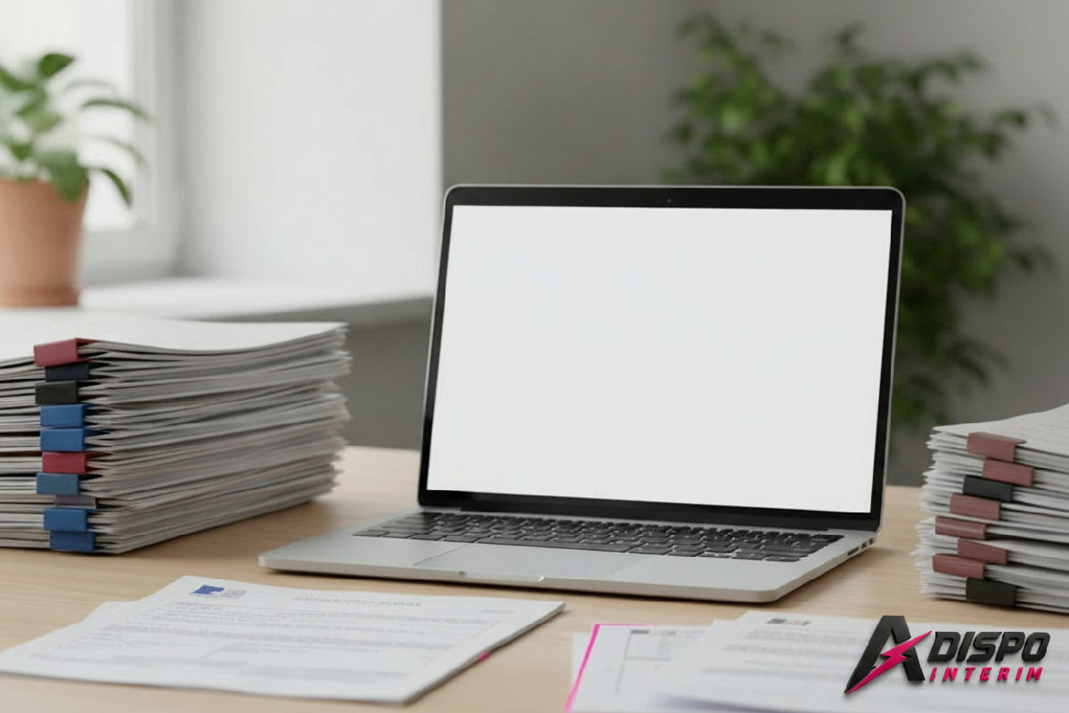 Bureau organisé avec documents français et roumains, portail SIPSI ouvert.