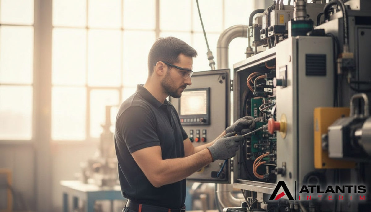 Technicien roumain en maintenance sur une machine complexe.