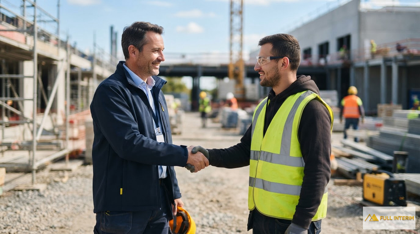 Une poignée de main professionnelle entre un manager et un ouvrier sur un chantier.