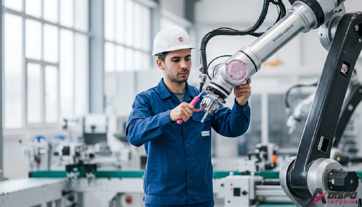 Technicien roumain travaillant sur une ligne de production industrielle à Bordeaux.