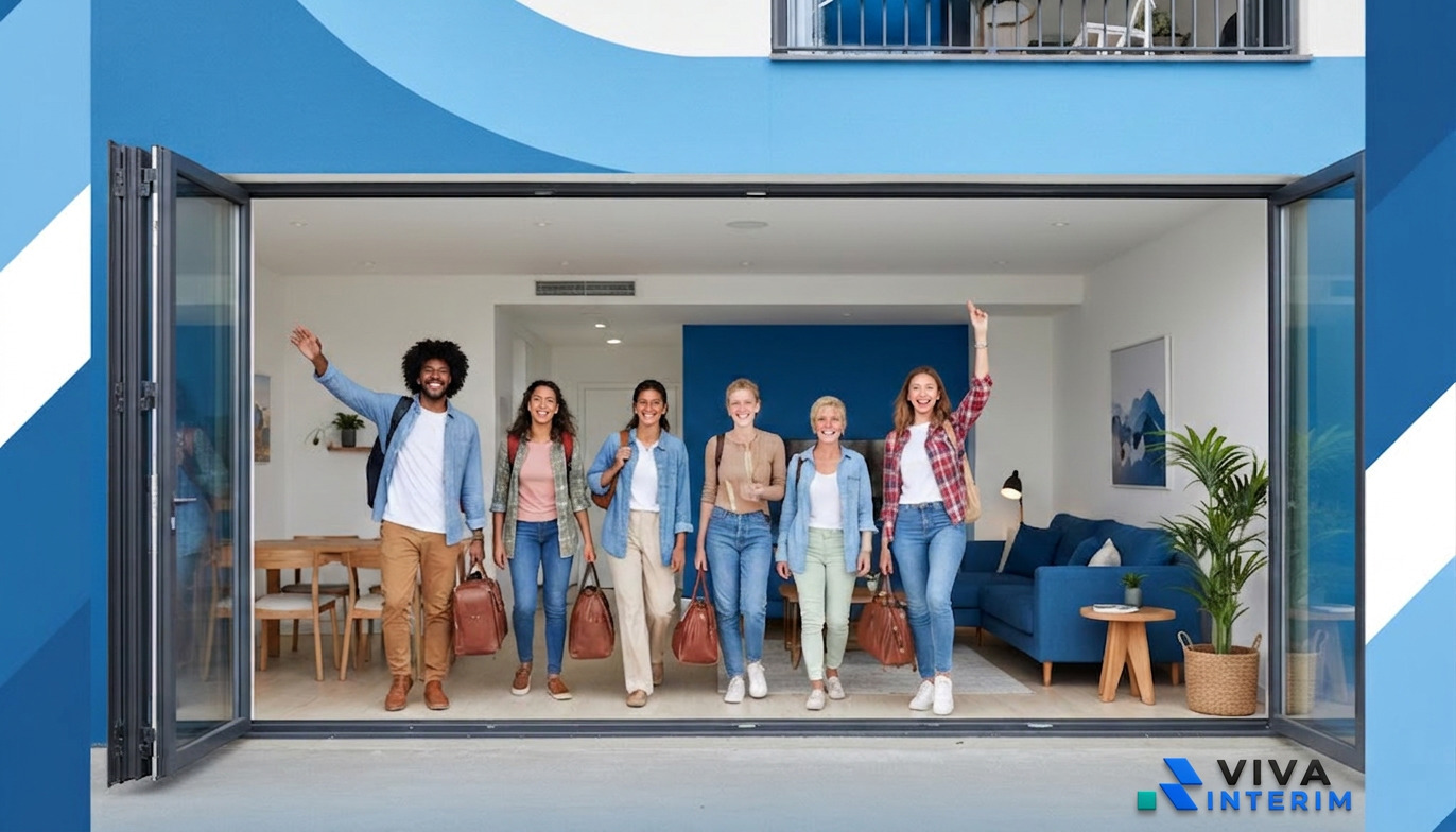 Travailleurs internationaux heureux dans leur logement propre et meublé.