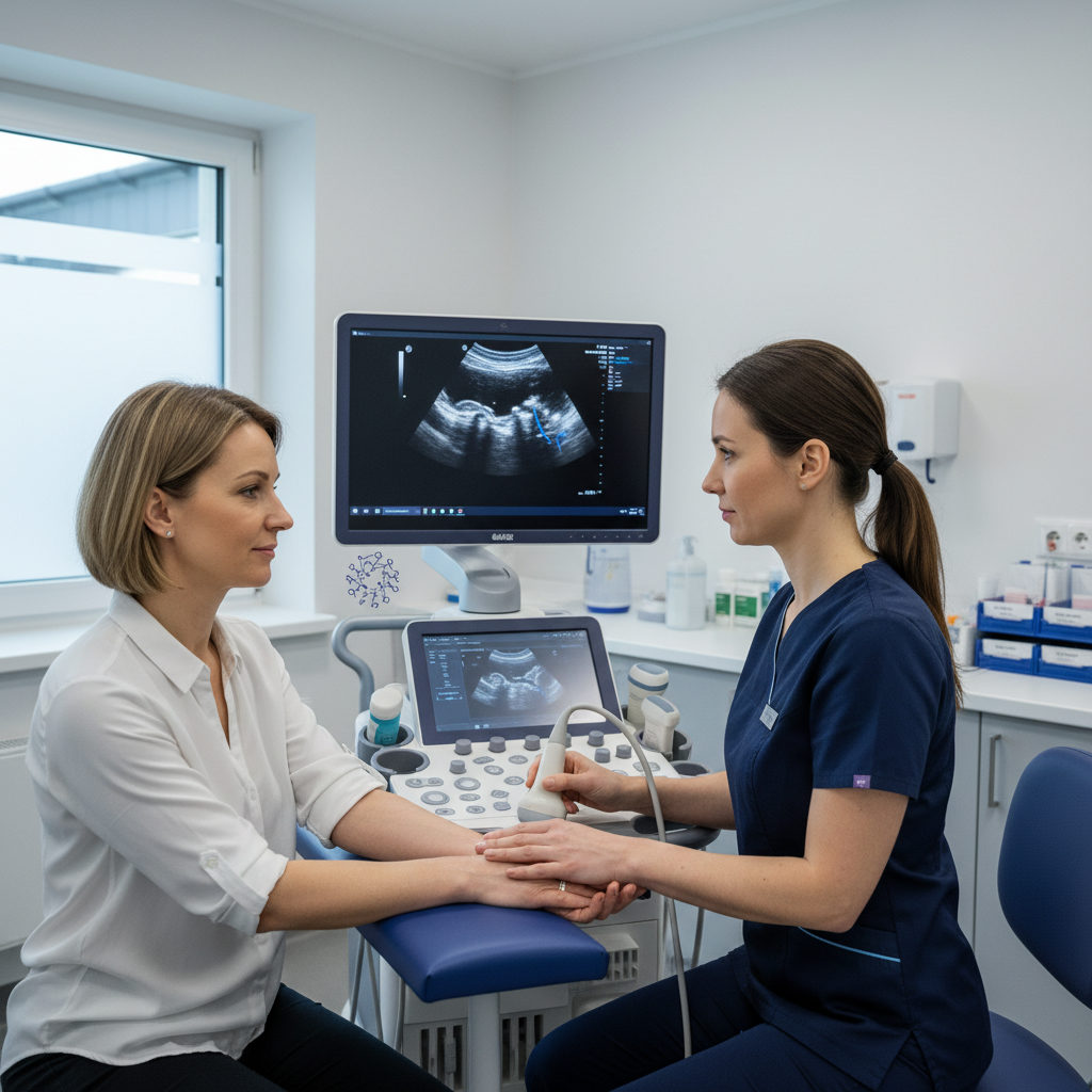 drętwienie i mrowienie palców ręki – Lekarz wykonuje USG nadgarstka pacjenta w celu diagnozy zespołu cieśni nadgarstka.