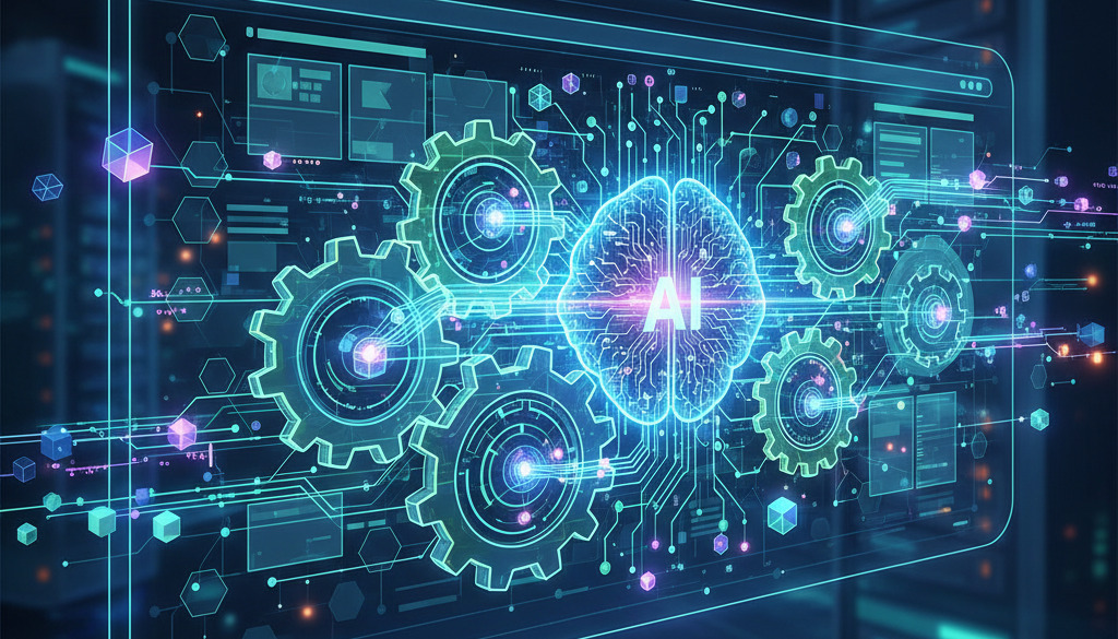 An intricate conceptual illustration of AI-powered technical SEO, showing digital gears and data streams optimizing a website's internal structure and link architecture.