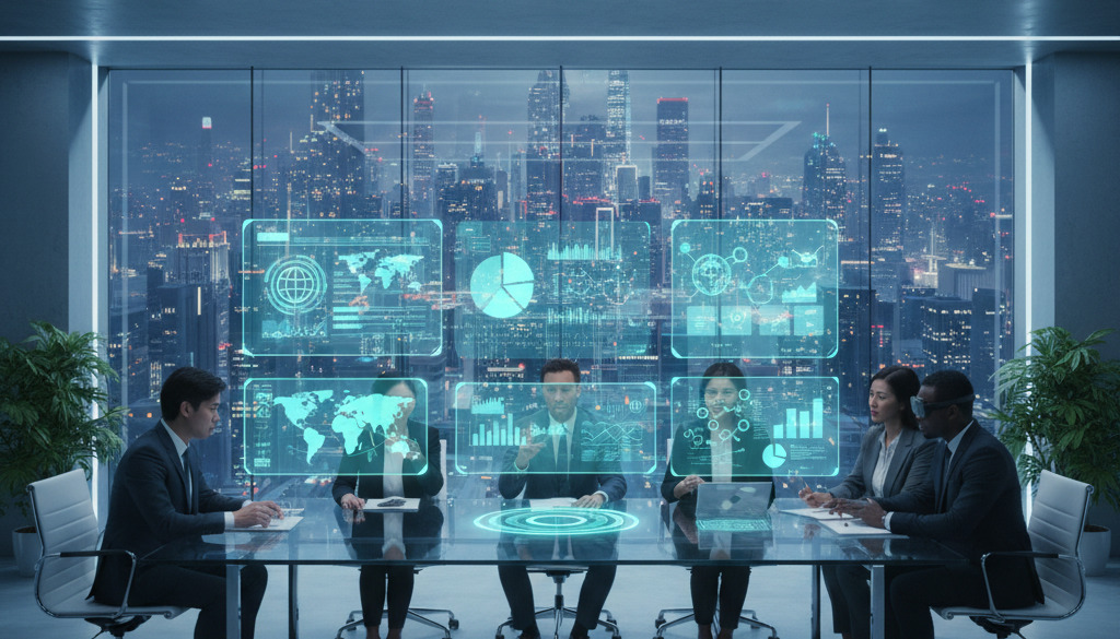 A futuristic, clean office environment where a diverse marketing team is reviewing holographic search engine data and AI-generated insights for their global SEO strategy.