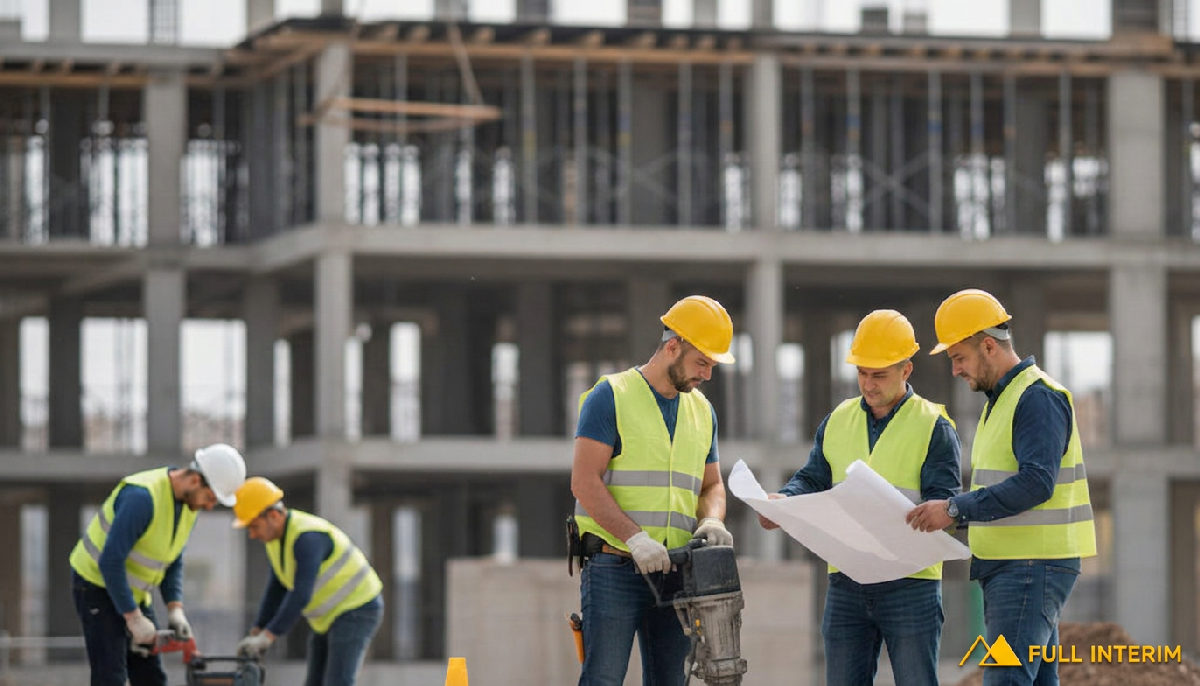agence interim roumanie - Chantier de construction animé, travailleurs qualifiés en action.