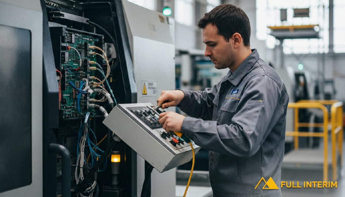 Technicien roumain en pleine maintenance de machine complexe.