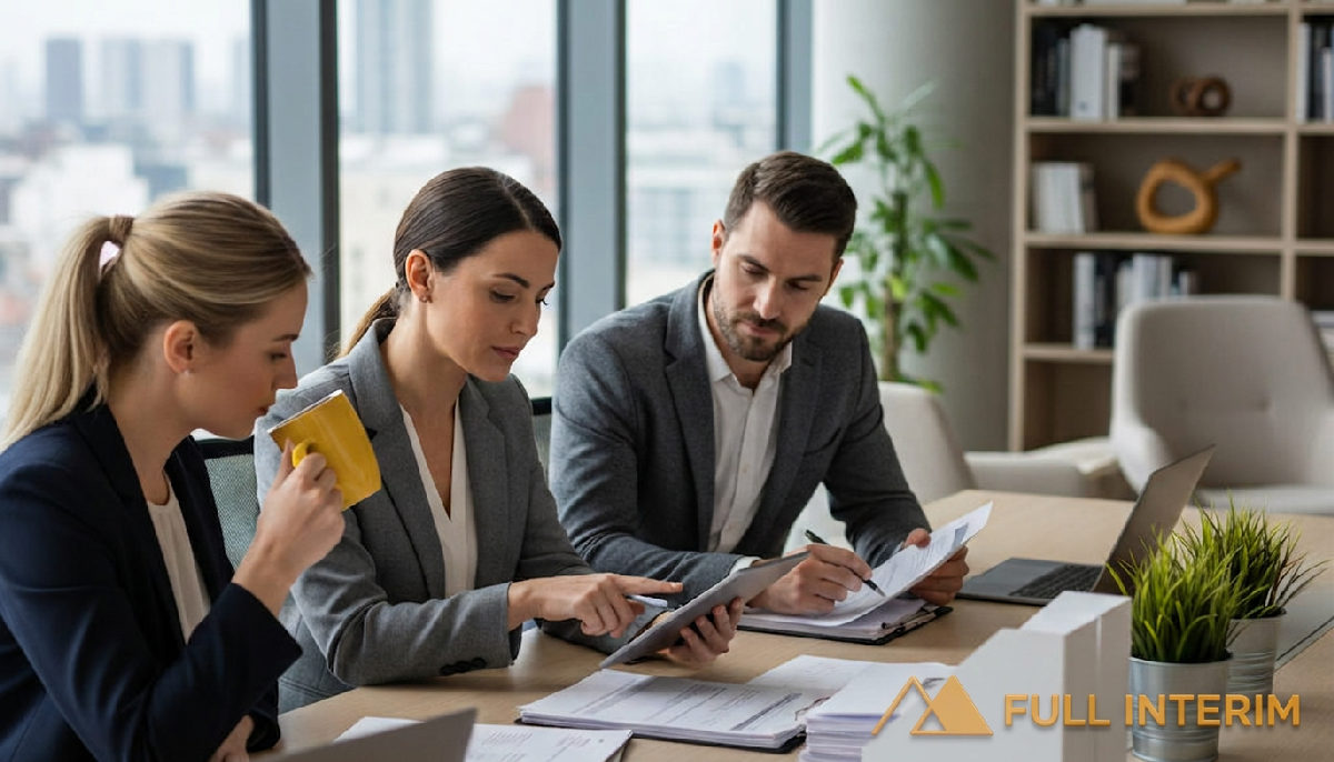 Bureau RH moderne, experts vérifiant la conformité des documents.