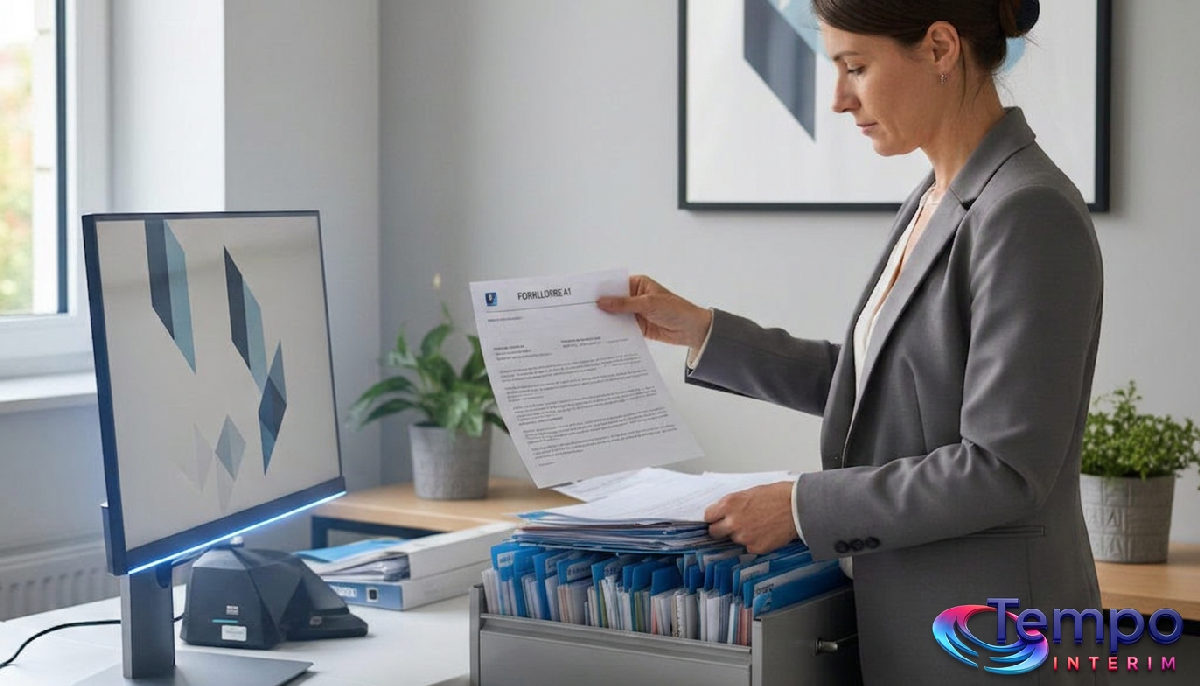 Un employé classe des dossiers de conformité pour travailleurs détachés.