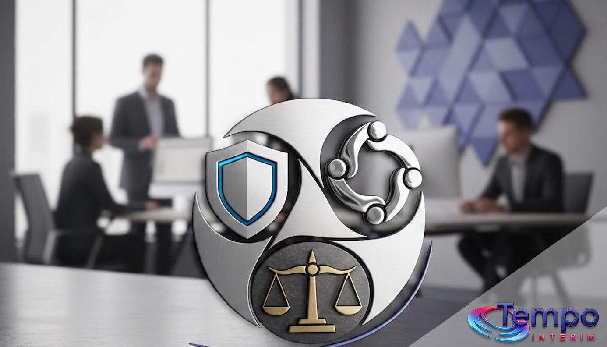 Logo stylisé de Tempo Interim : protection, légalité, travail d'équipe.