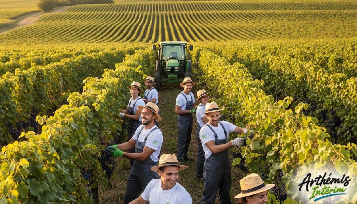 Vignoble français avec une équipe internationale harmonieuse.