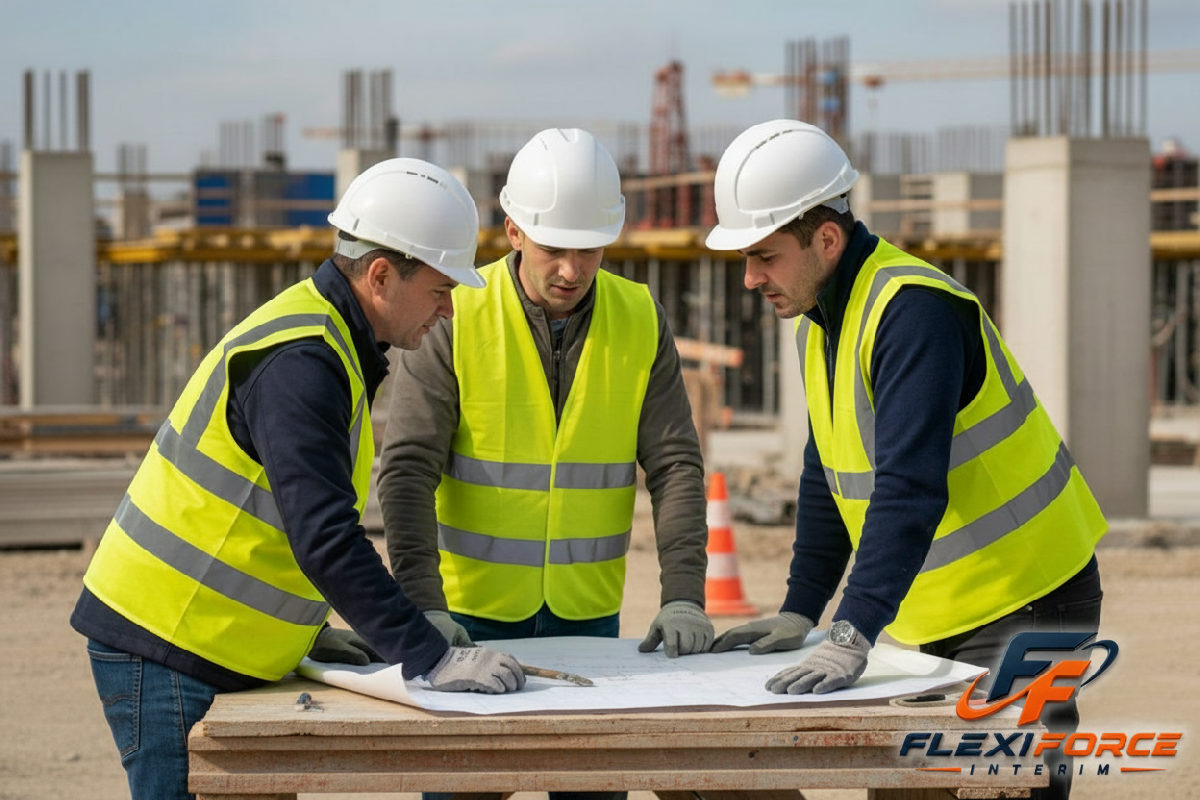 comment gérer équipe roumaine BTP - Équipe d'ouvriers roumains discutant d'un plan sur un chantier.
