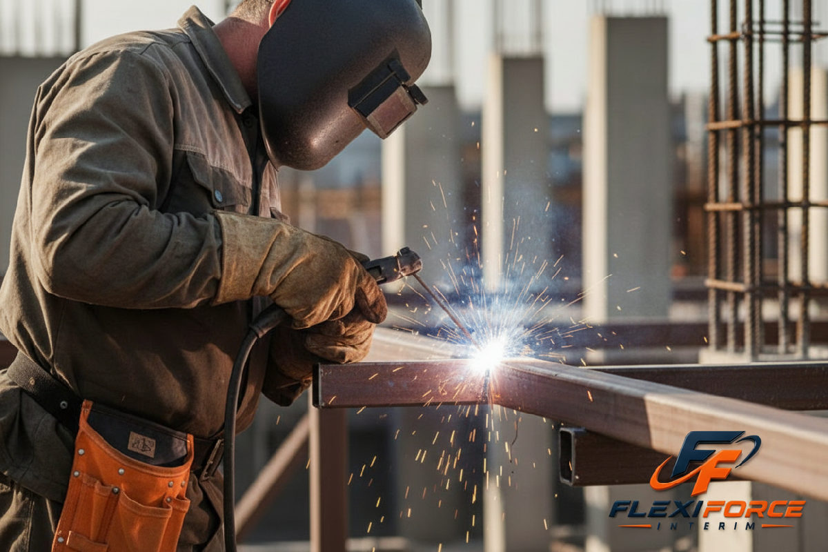 Ouvrier roumain effectuant une soudure de précision sur un chantier.