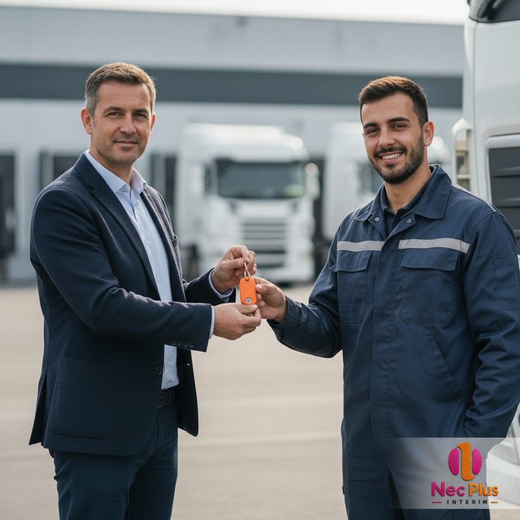 Responsable remettant les clés d'un camion à un chauffeur roumain.