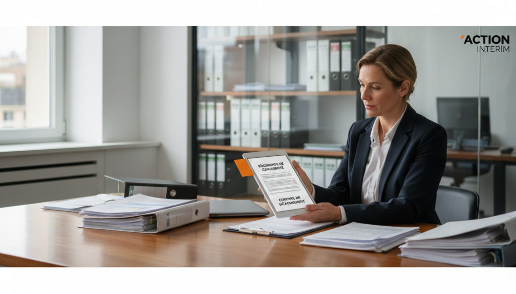 Gestionnaire RH consultant des contrats européens sur une tablette.