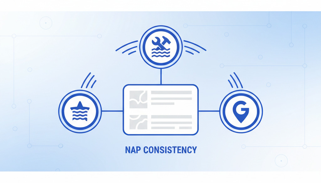 NAP consistency graphic showing matching business details across directories.