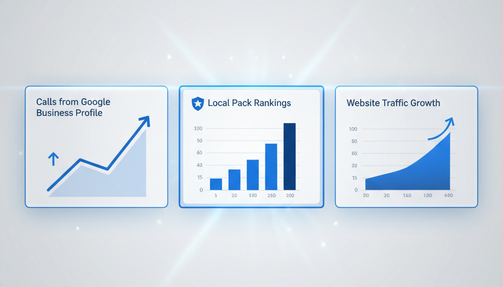 Local SEO dashboard showing rising calls and local pack rankings.