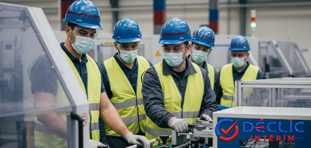 Travailleurs roumains en EPI sur ligne de production high-tech.