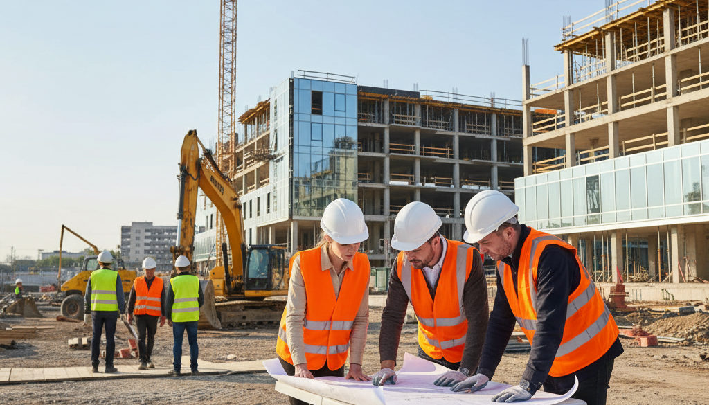 avantages main d'œuvre roumaine BTP – Ingénieurs et ouvriers sur un chantier BTP professionnel regardant des plans.